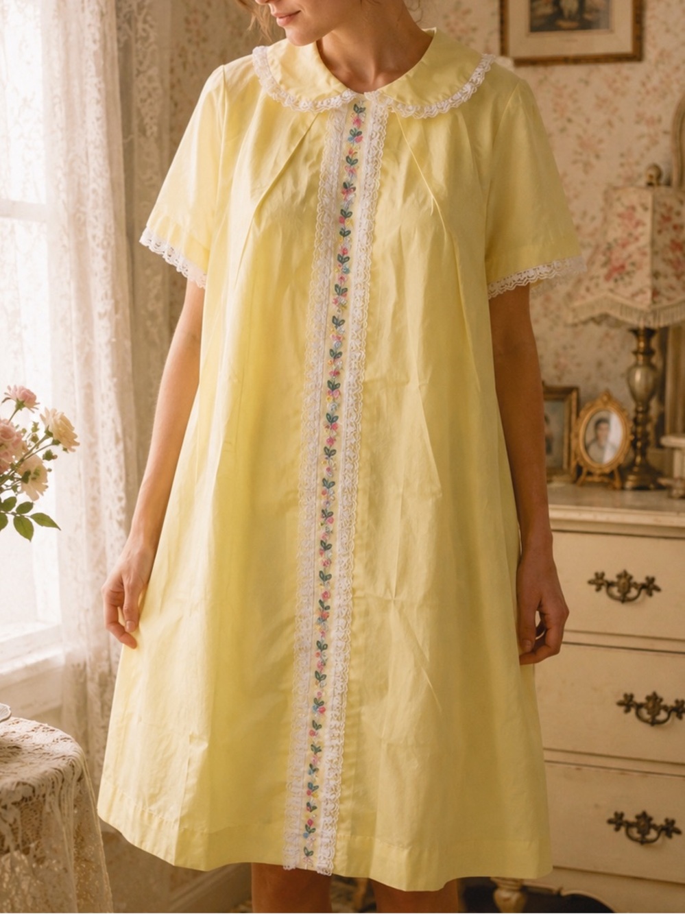 Vintage Lorraine Yellow Nightgown House Dress Lace Floral Embroidery